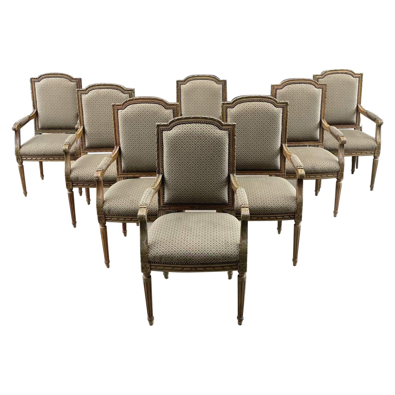 Set of 8 Vintage French Louis XV Sculpted Arm Chairs For Sale
