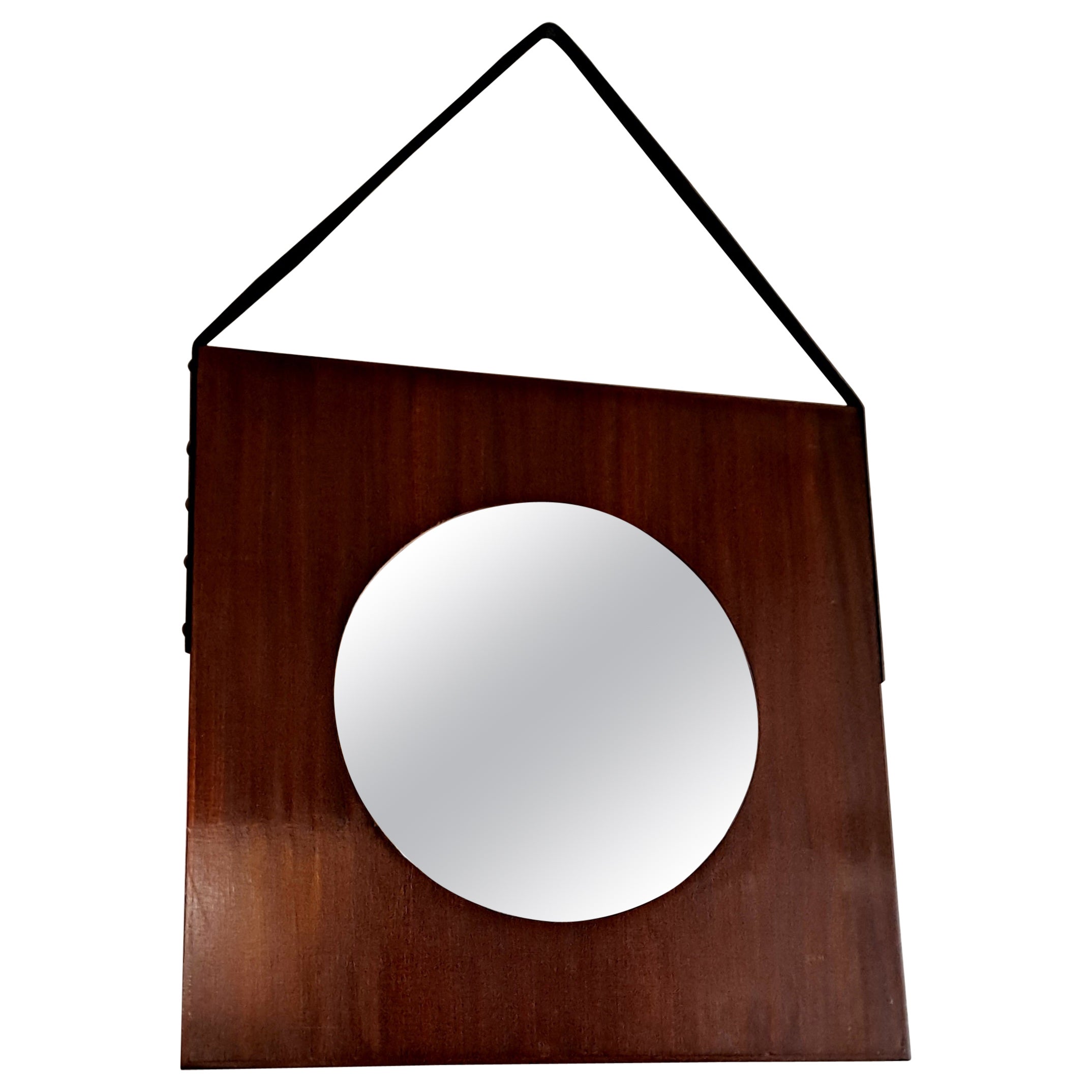 Italian Art Deco Wall Round Mirror with Square Wood Frame For Sale