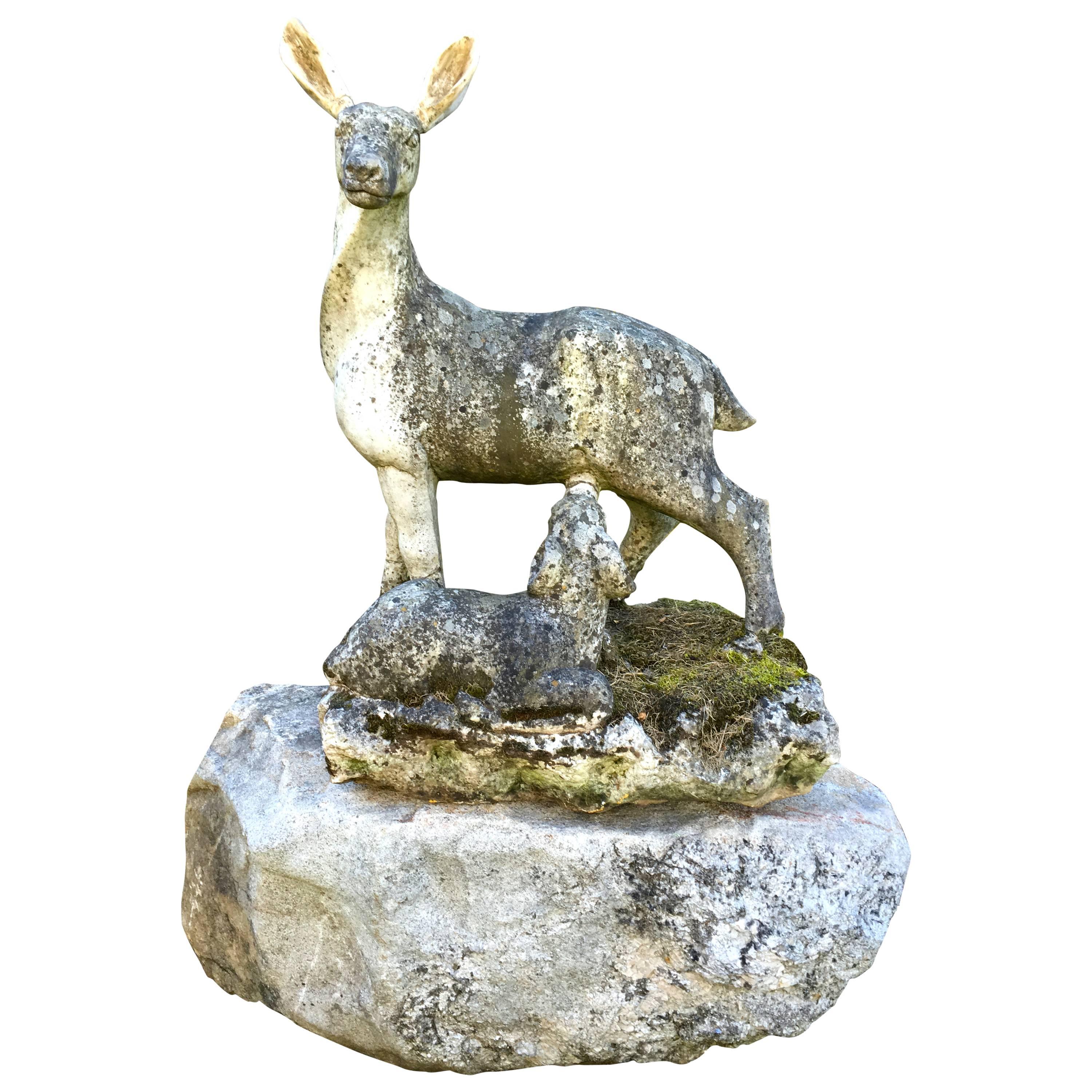 Marble Statue of Doe with Fawn on Boulder, English, circa 1850 For Sale