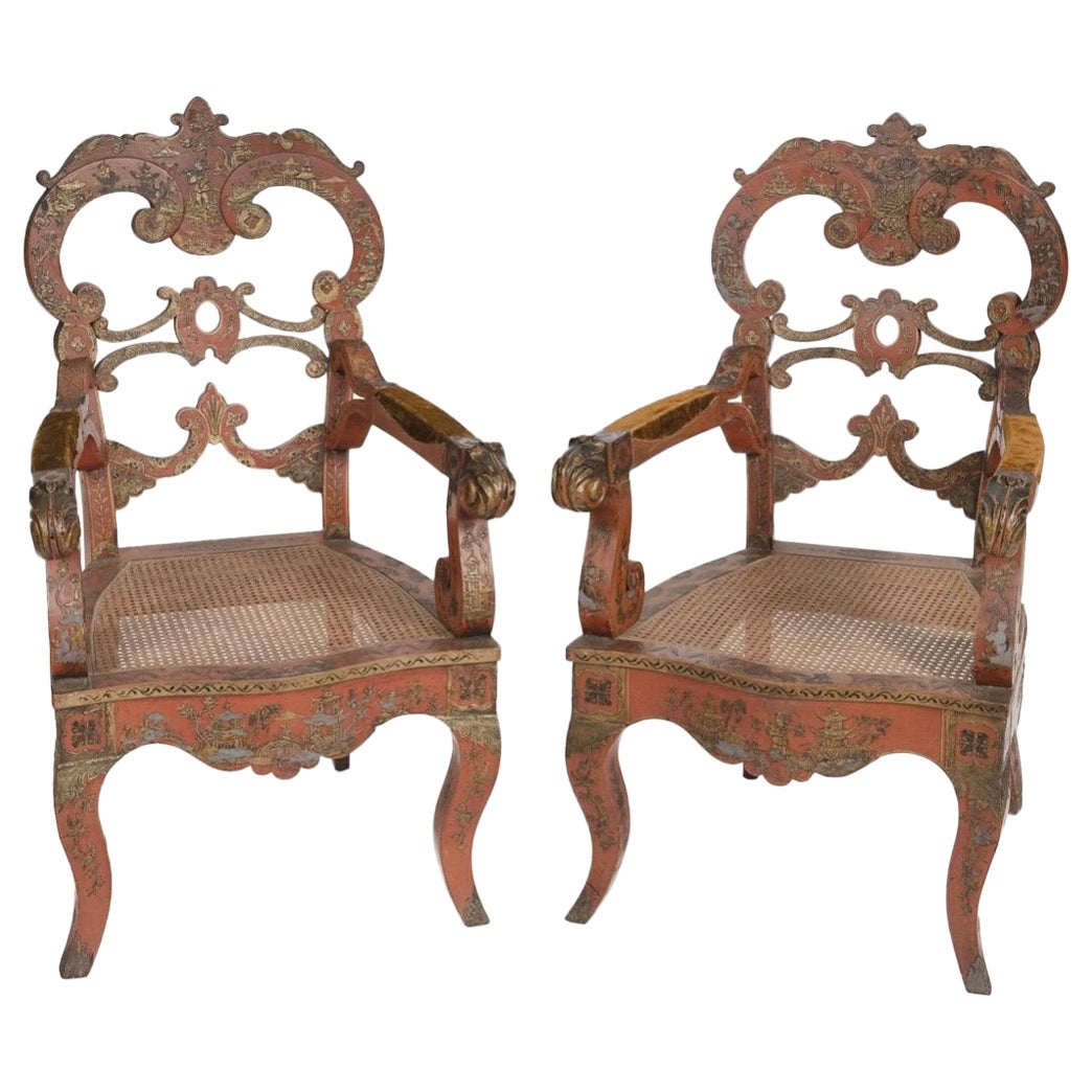 Pair, Antique Venetian Chinoiserie Lacquer Decorated Caned Armchairs  For Sale