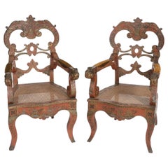 Pair, Vintage Venetian Chinoiserie Lacquer Decorated Caned Armchairs 