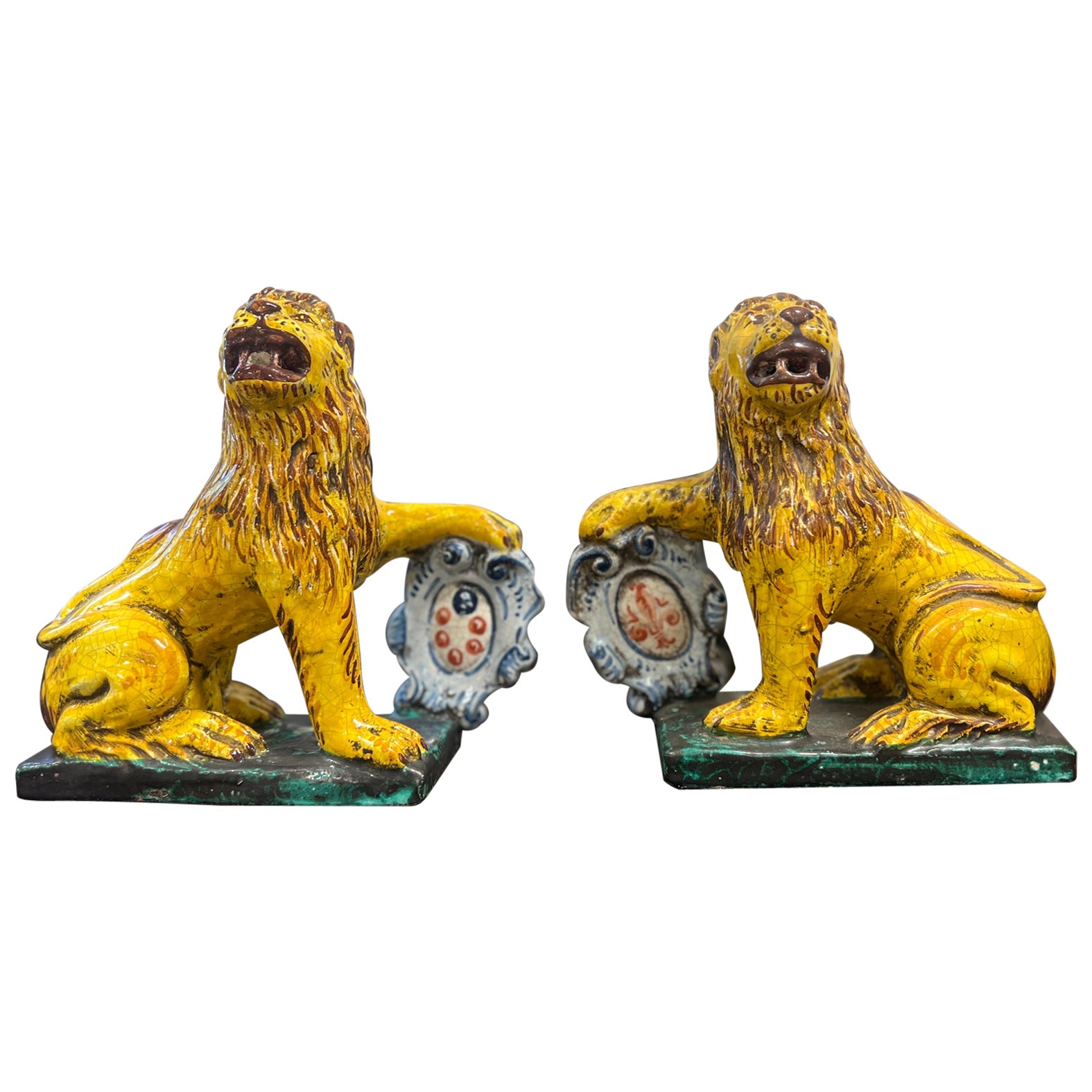 Pair, Antique Italian Faience Renaissance Style Lions W/ Armorial Shields For Sale