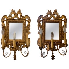 Pair, Italian Giltwood and Tole 3-Light Candle Sconce Mirrors