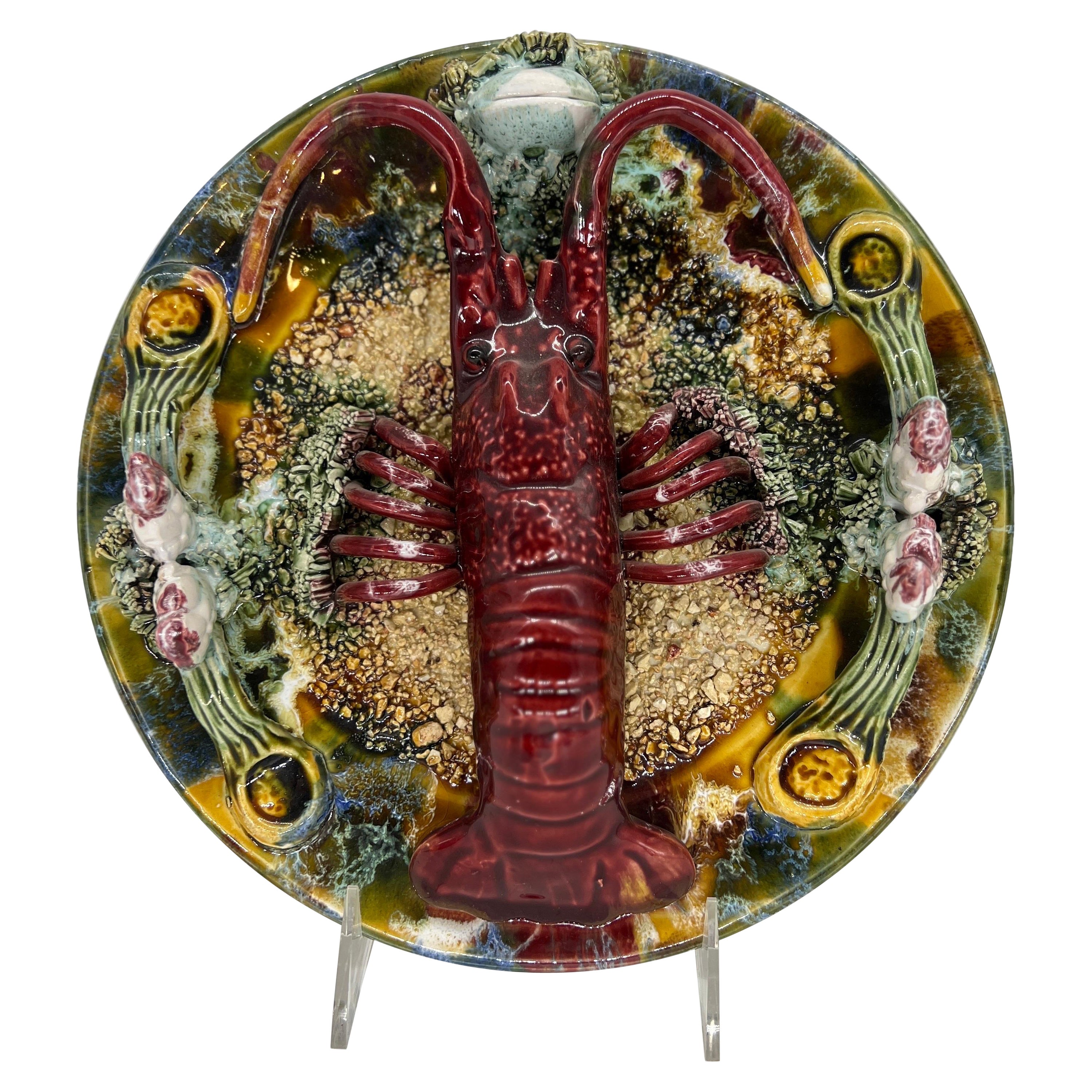 Vintage Palissy Majolica Lobster Plate 10" For Sale