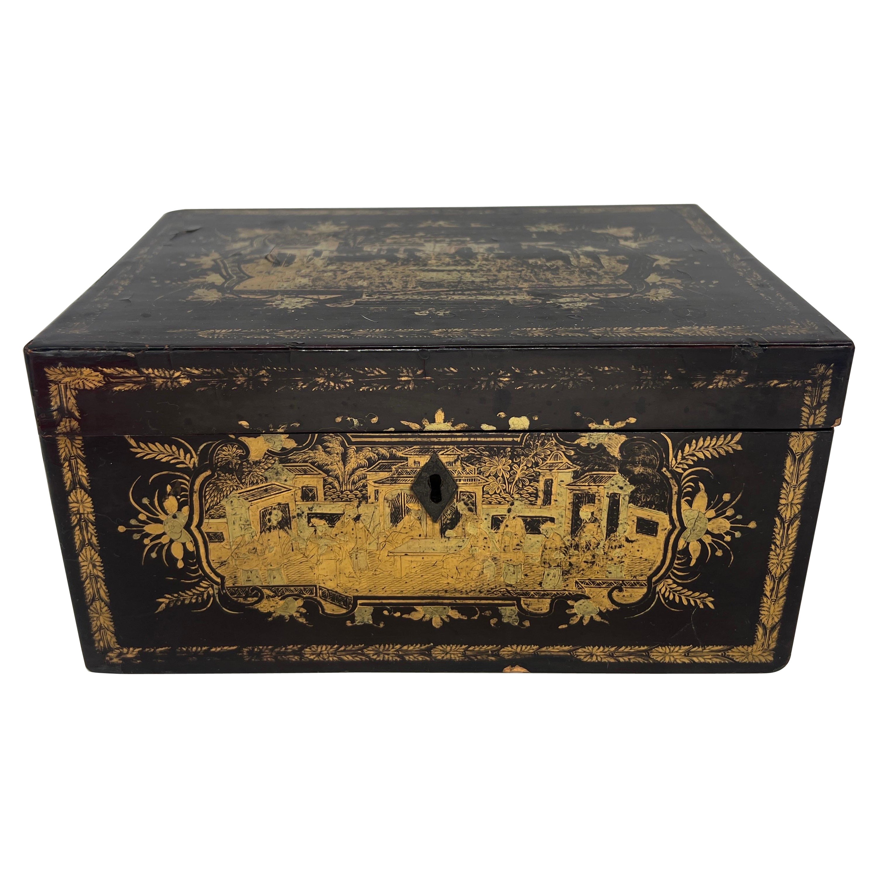 19th Century Chinese Export Lacquer Decorated Tea Caddy Box For Sale