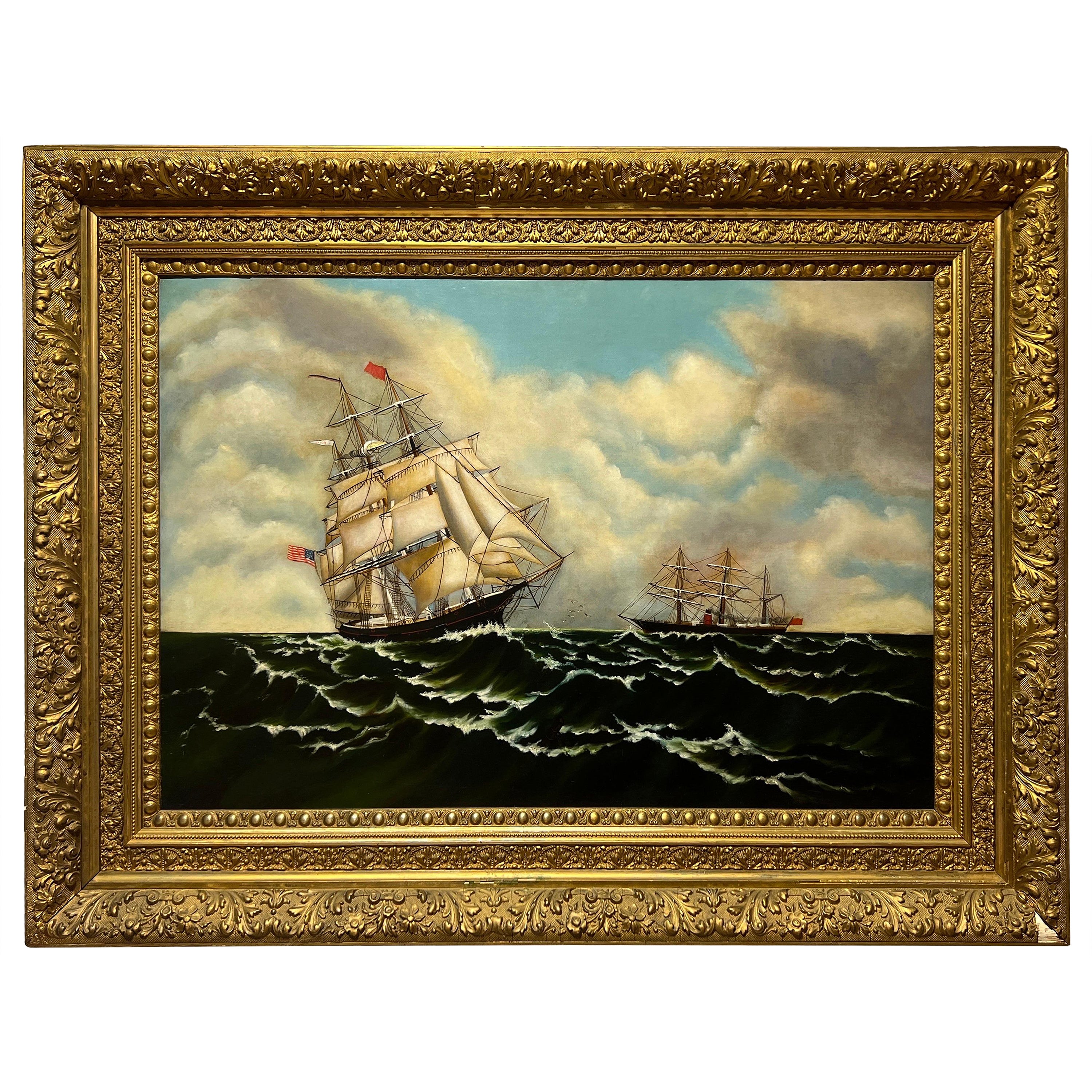 Large Scale Original Union Clipper Ship Oil On Canvas In Ornate Antique Frame For Sale