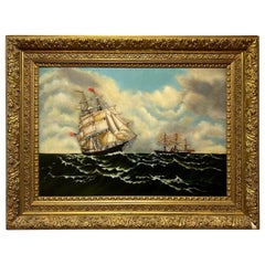 Large Scale Original Union Clipper Ship Oil On Canvas In Ornate Vintage Frame