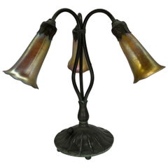 Antique Tiffany Studios 3-Light Lily Piano Lamp Model #319 Original Shades