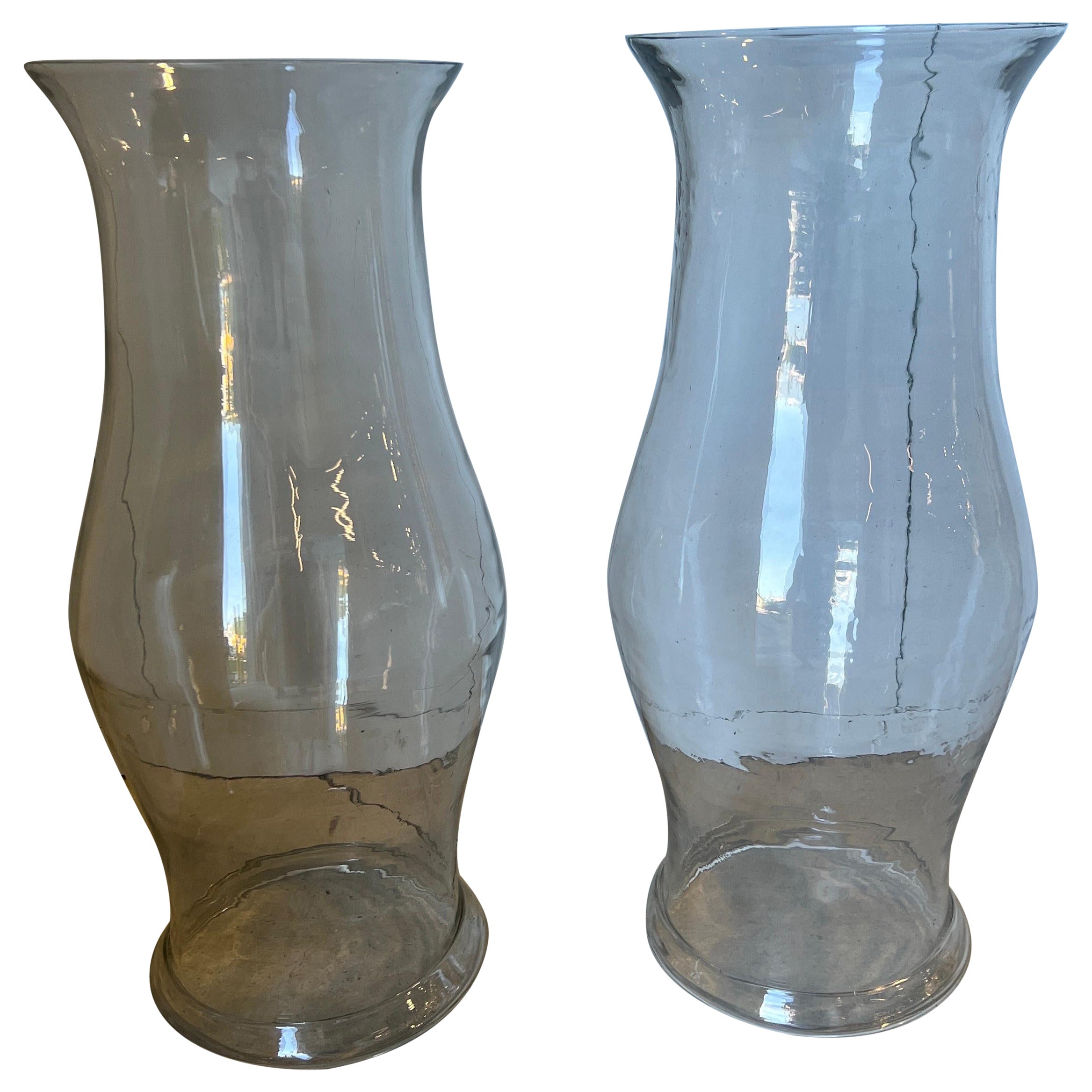 Pair, Monumental 19th Century American Blown Glass Hurricane Candle Shades 22.5"