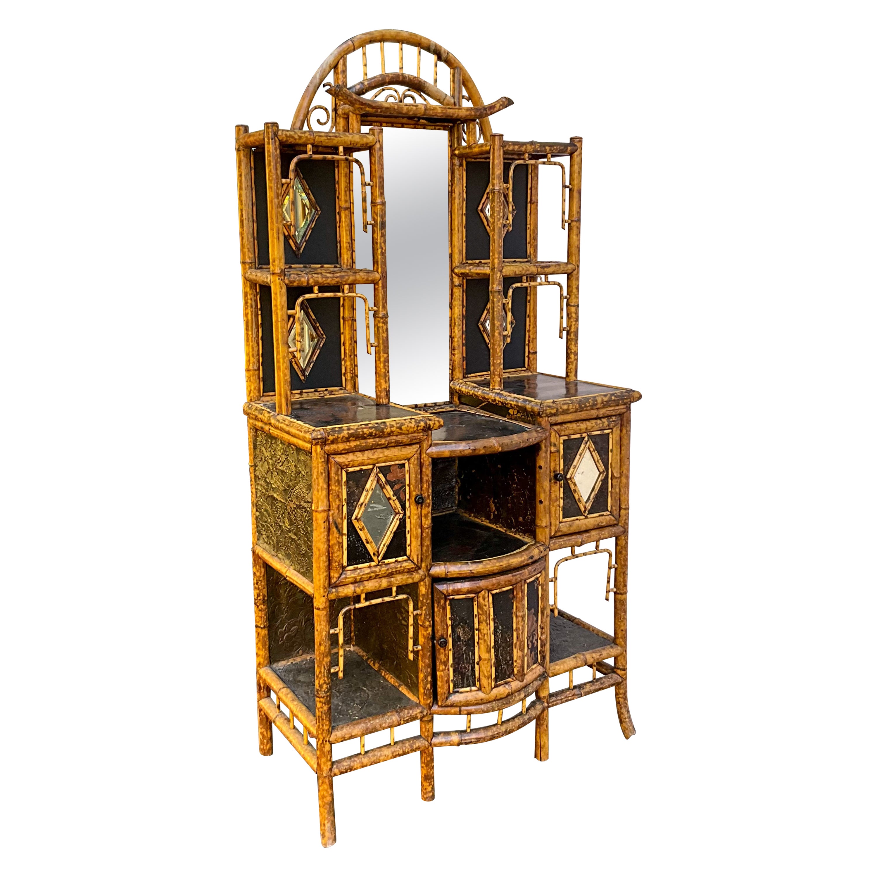 19th-C. English Aesthetic Movement Bamboo & Lacquer Cabinet / Etagere / Vanity 