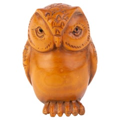 Signed Japanese Boxwood Netsuke Inro of an Owl 