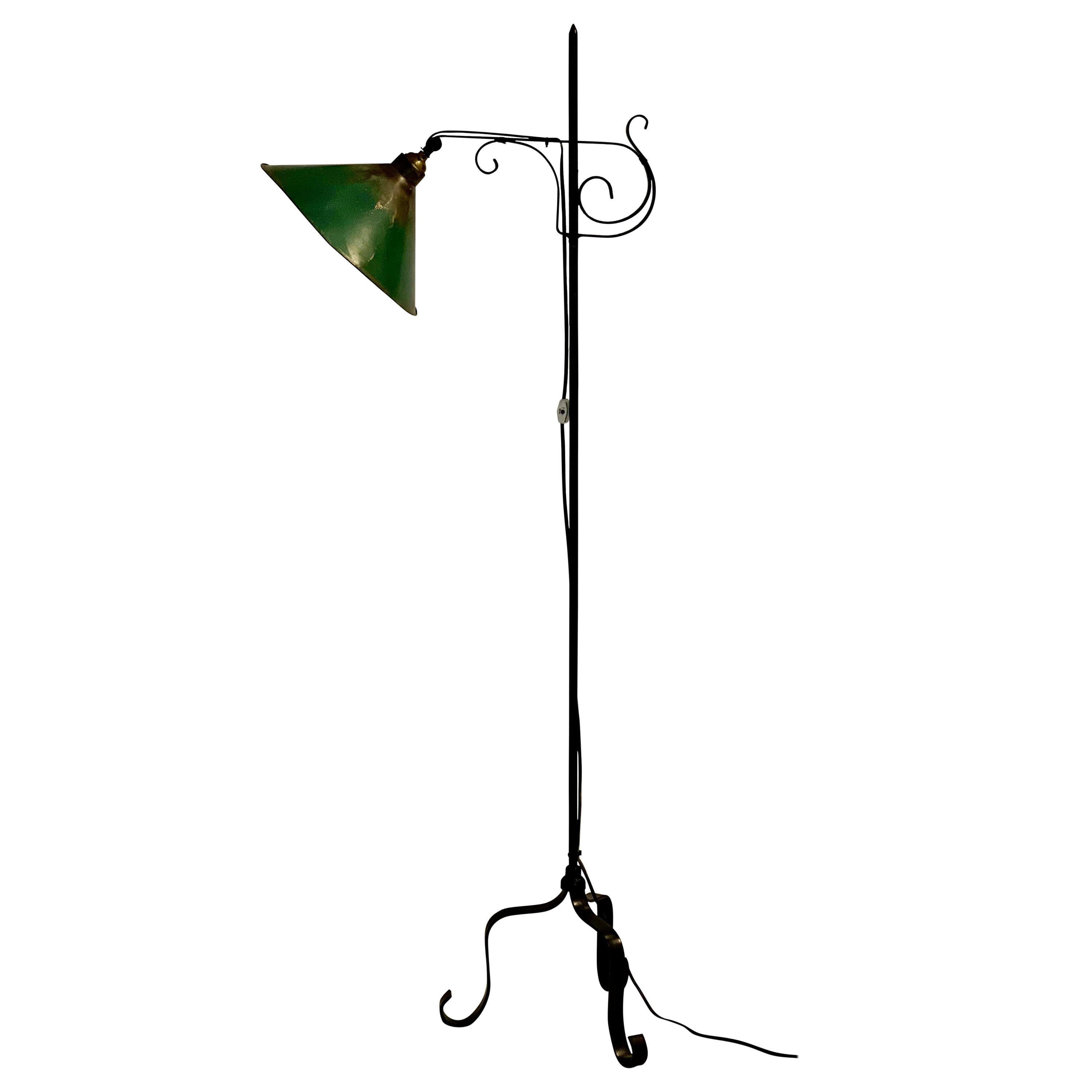 Antique Handcrafted Wrought Iron Floor Lamp with Metal Shade, circa 1910 For Sale