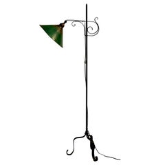 Antique Handcrafted Wrought Iron Floor Lamp with Metal Shade, circa 1910