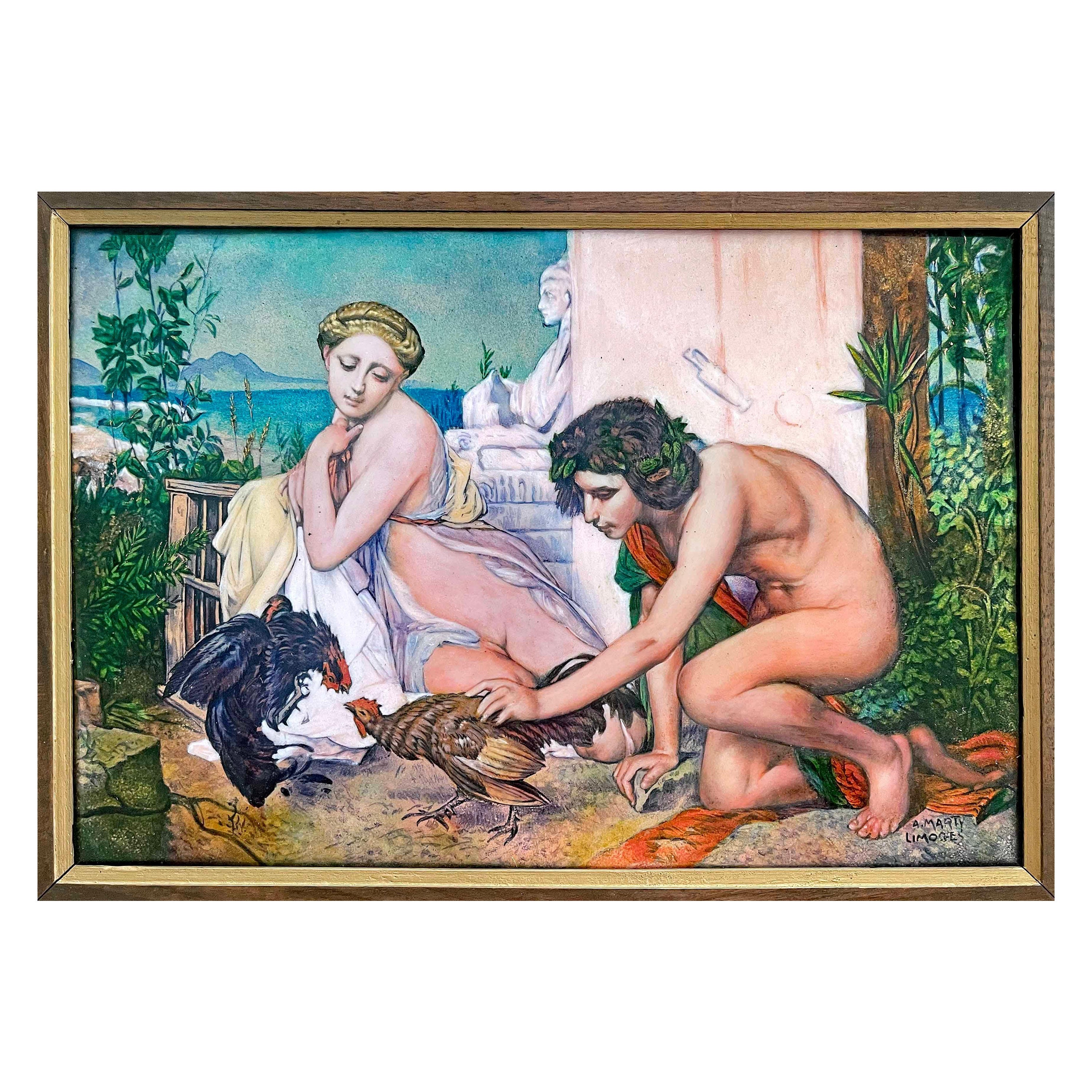 "Young Greeks Attending a Cock Fight", Superb Limoges Enamel of Gérôme Painting