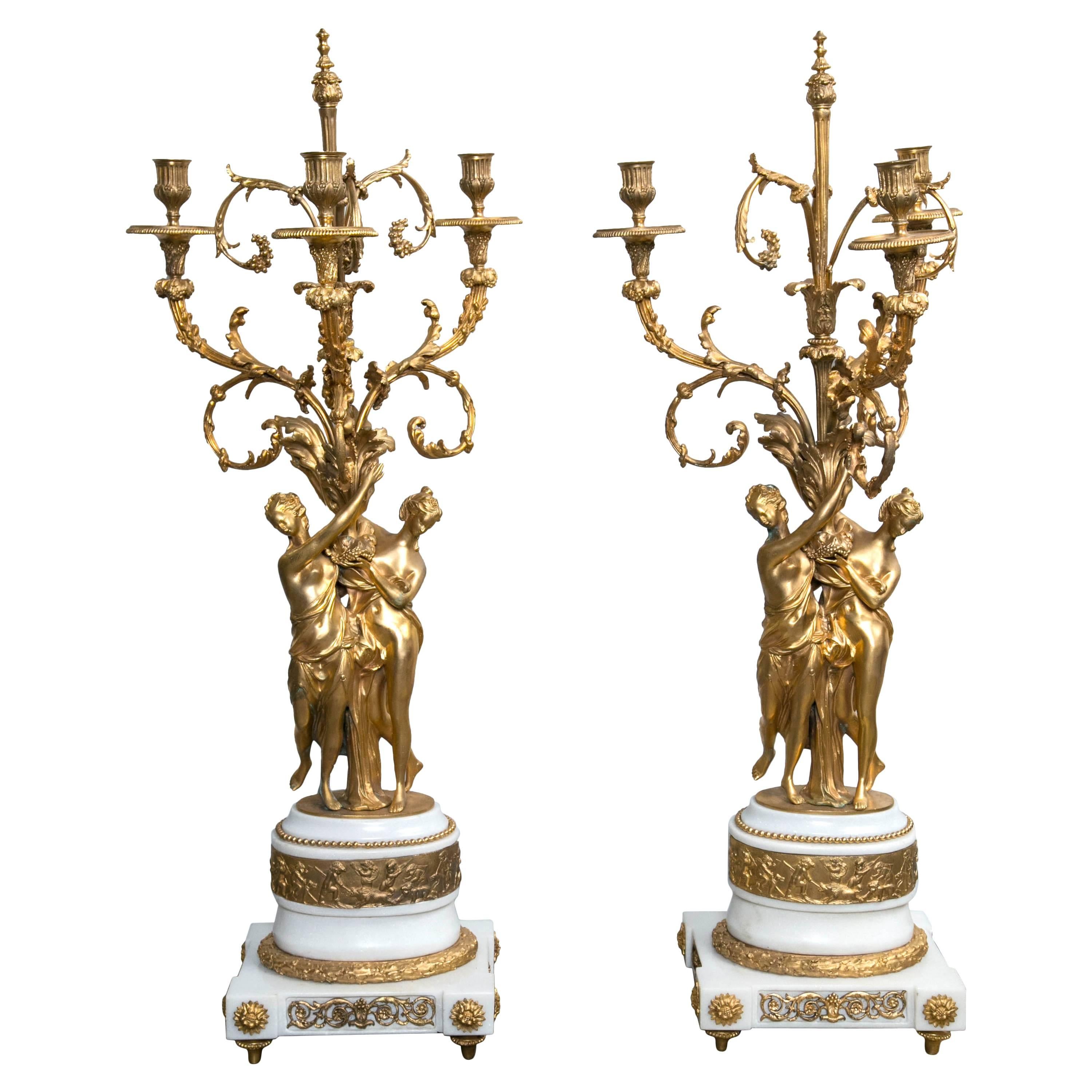 Pair of Gilt Bronze and Marble Three-Light Candelabra For Sale