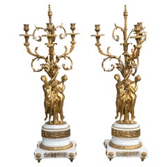 Pair of Gilt Bronze and Marble Three-Light Candelabra