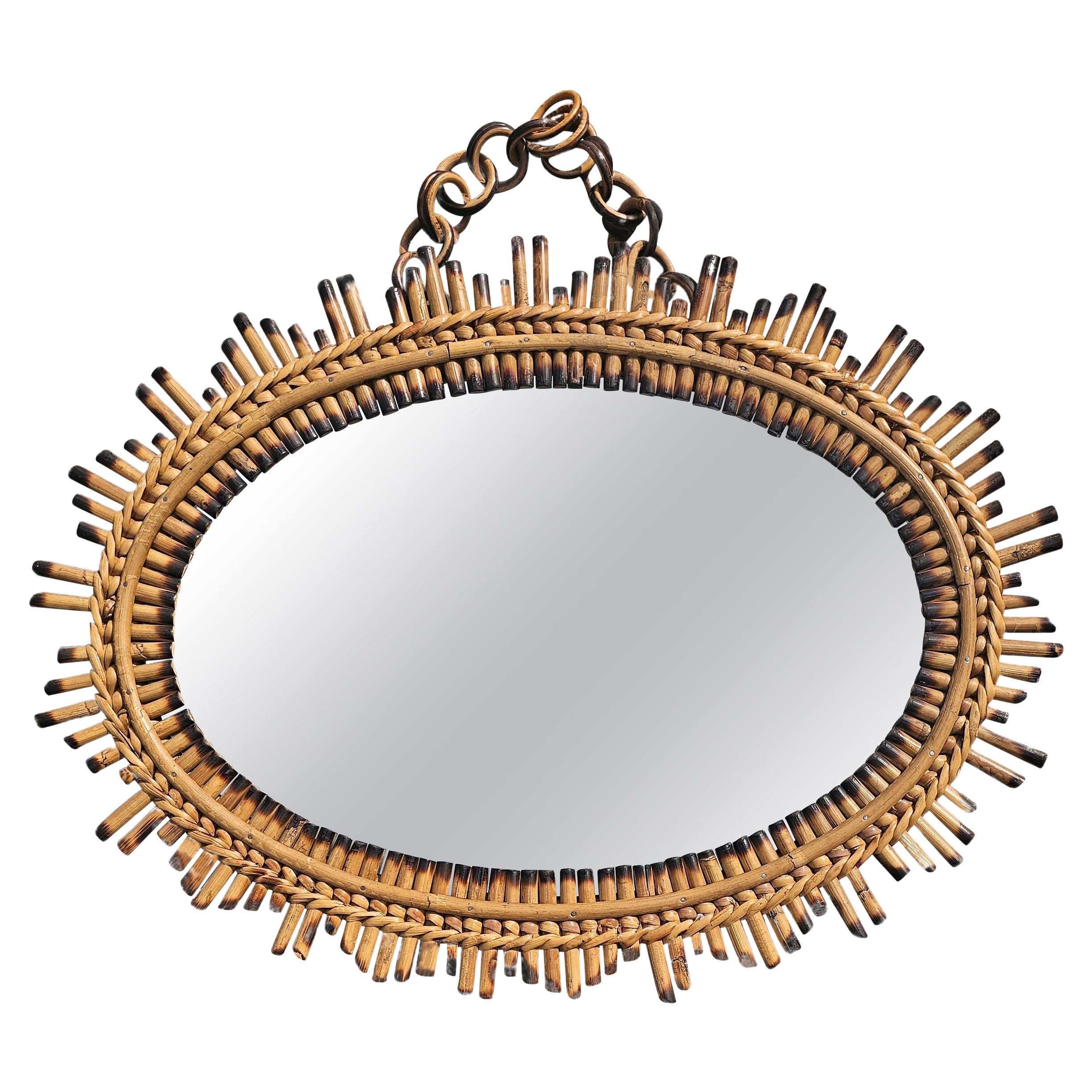 Mid Century Modern Sunburst Mirror with Bamboo Frame, Italy 1960s
