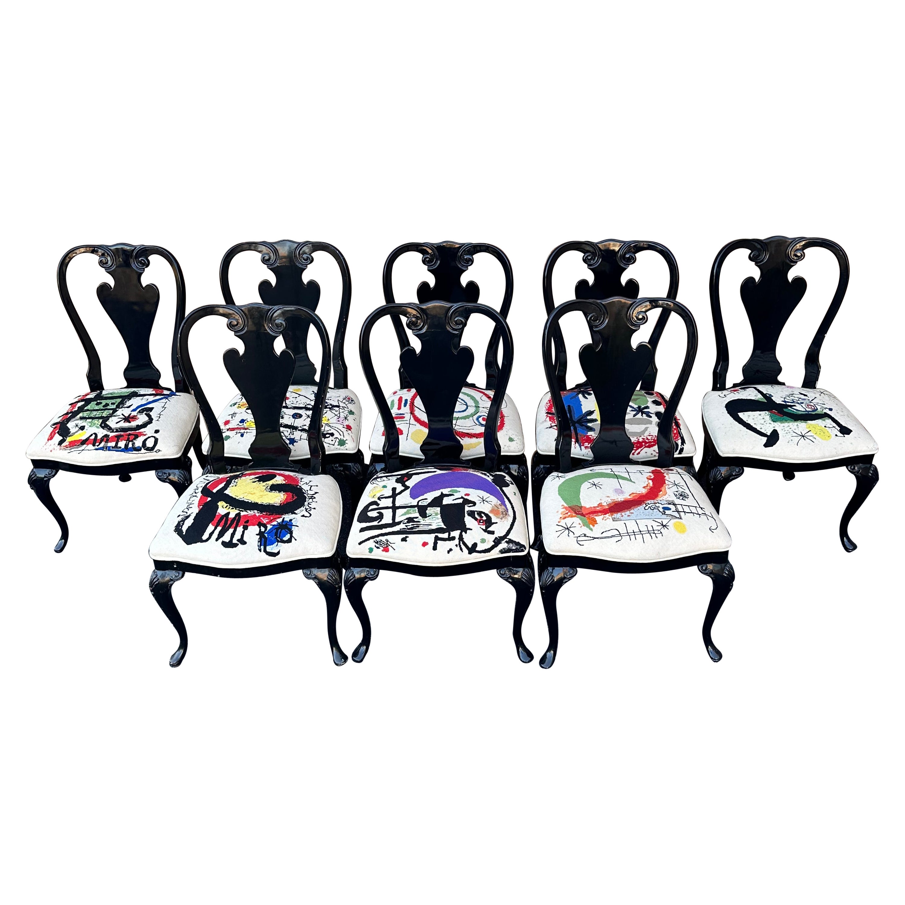 Black Lacquered Queen Anne Dining Chairs with Custom Miró Needlepoint Seats