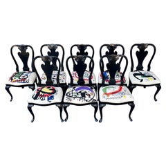 Retro Black Lacquered Queen Anne Dining Chairs with Custom Miró Needlepoint Seats