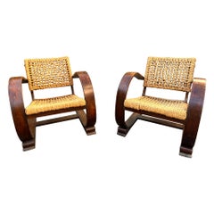Pair of beech and rope armchairs by Audoux Minet 