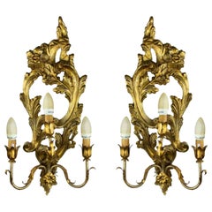 Pair of Vintage Gilded Wooden Lamps, Early 20th Century 