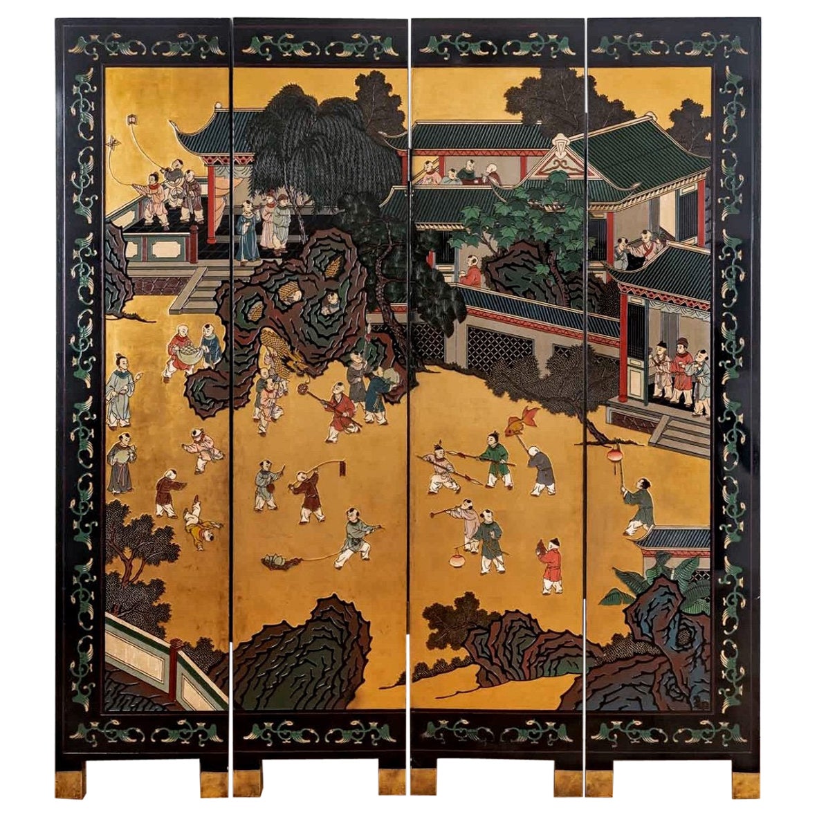 Coromandel Black Lacquer Screen - Four Panels - Period: Early 20th Century For Sale