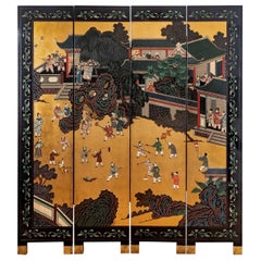 Vintage Coromandel Black Lacquer Screen - Four Panels - Period: Early 20th Century