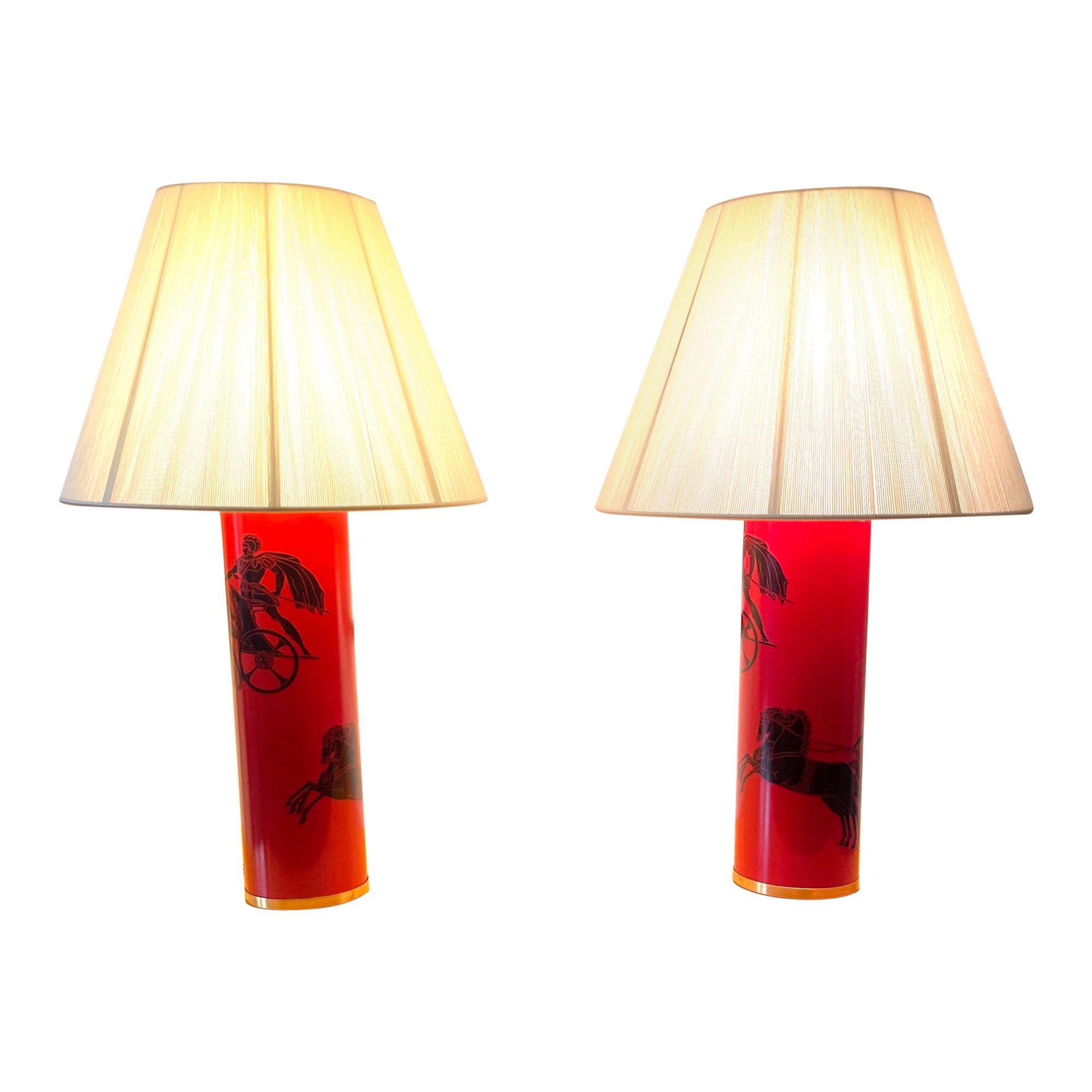 Pair of Fornasetti Red Warrior Chariot/Baghe Lamps 