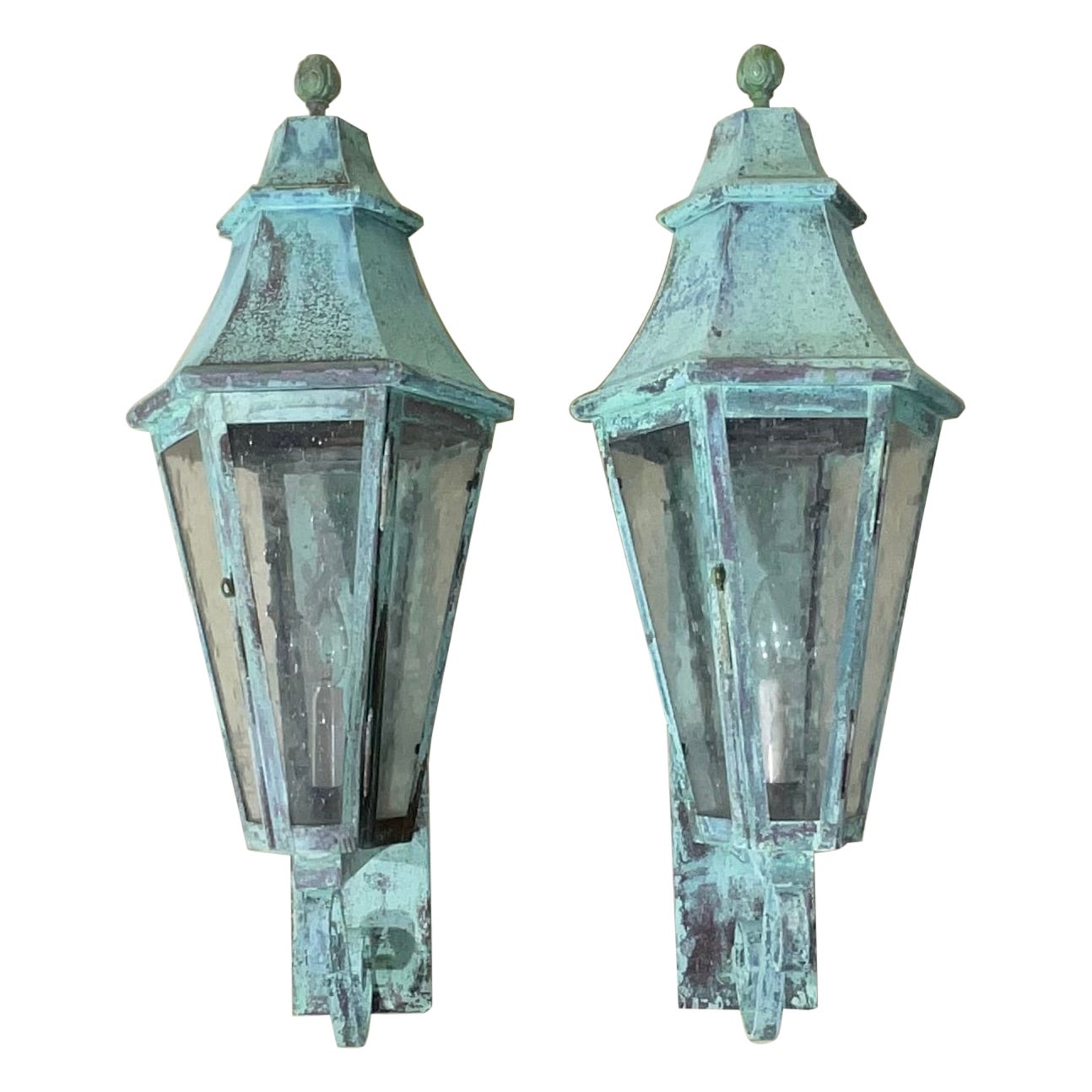 Pair of Large Solid Copper Architectural Wall Lantern For Sale