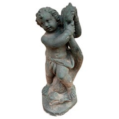 Antique Neoclassical Italian Cherub or Putto Cast Stone Garden Statue
