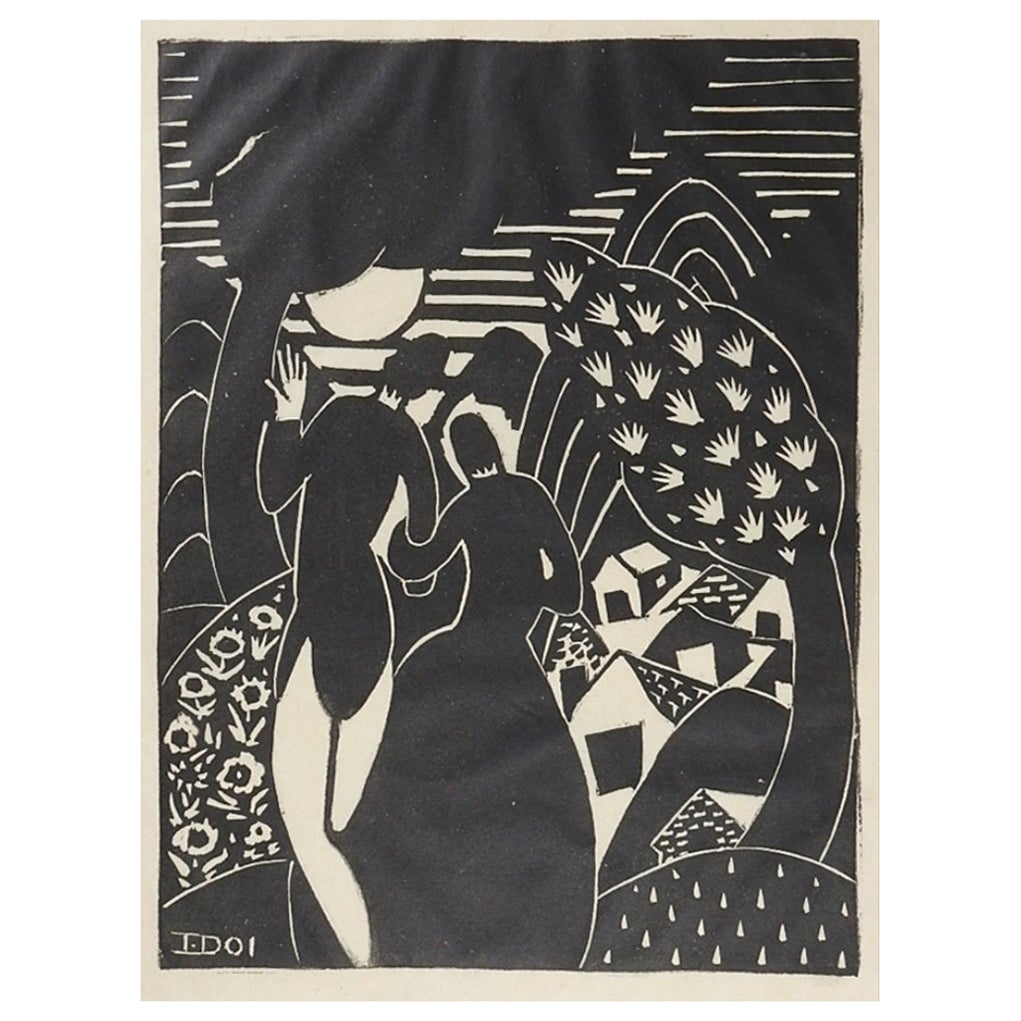 Vintage Art Deco Isami Doi Linocut Print For Sale