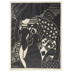 Vintage Art Deco Isami Doi Linocut Print