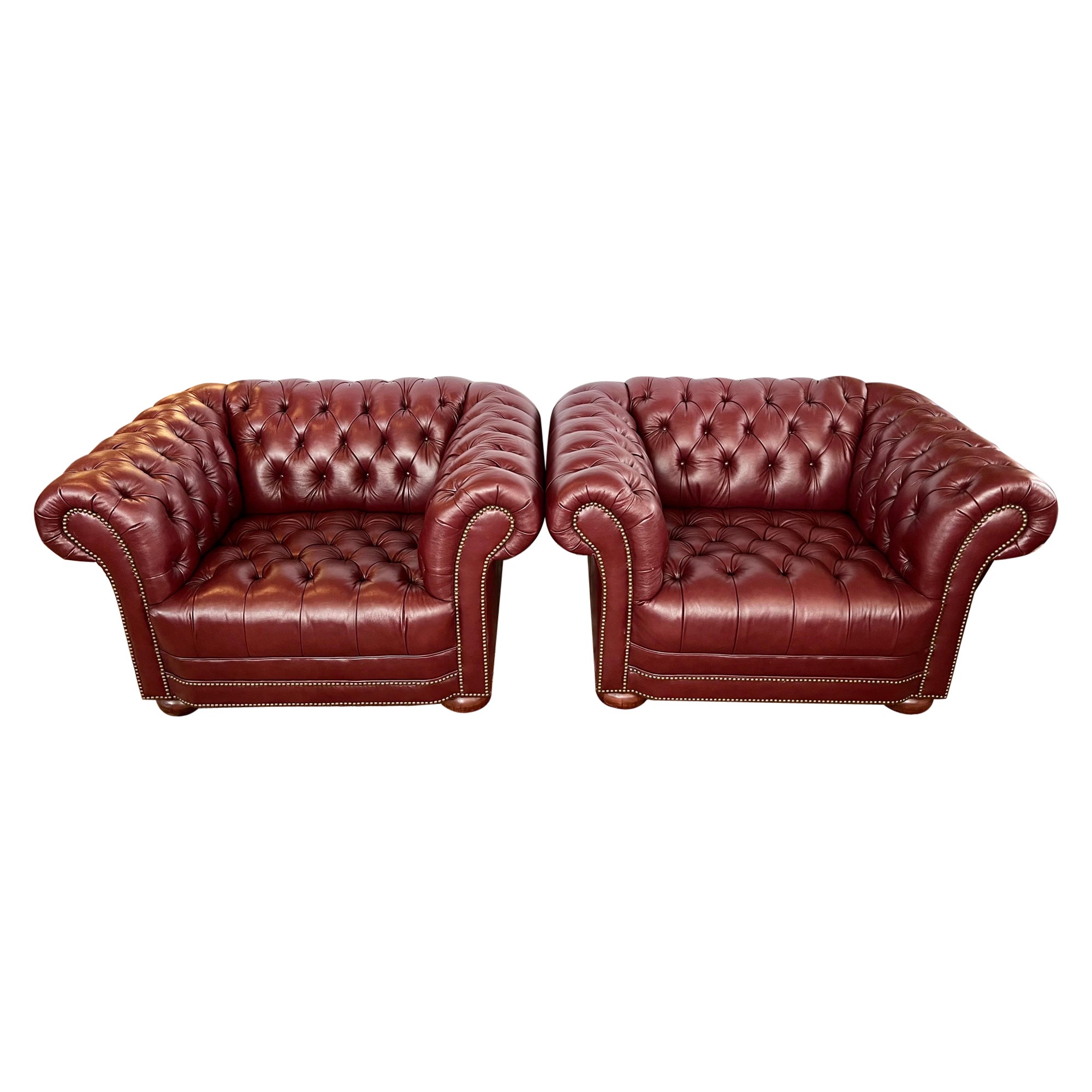 Pair of Large Burgundy Leather Chesterfield Tufted Club Reading Chairs