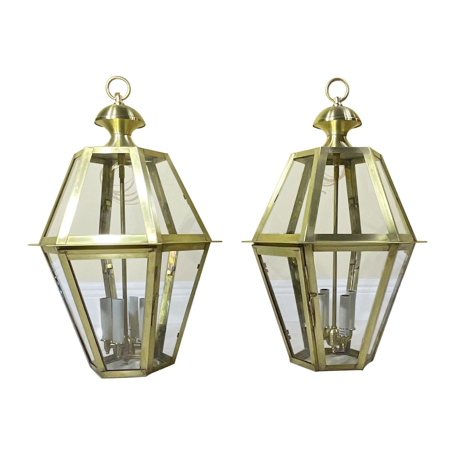 Pair Of Six Sides Solid  Brass Handcrafted Hanging Lanterns For Sale