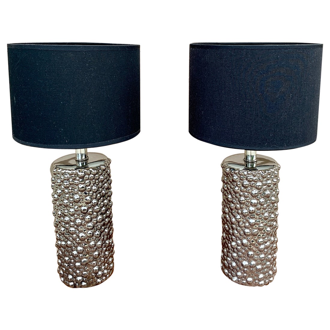 Contemporary Chrome Table Lamps with Black Drum Shades, Pair For Sale