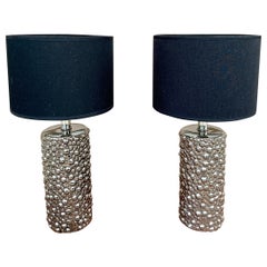 Vintage Contemporary Chrome Table Lamps with Black Drum Shades, Pair