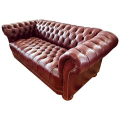 Classic Vintage Burgundy Leather Chesterfield Button Tufted Sofa