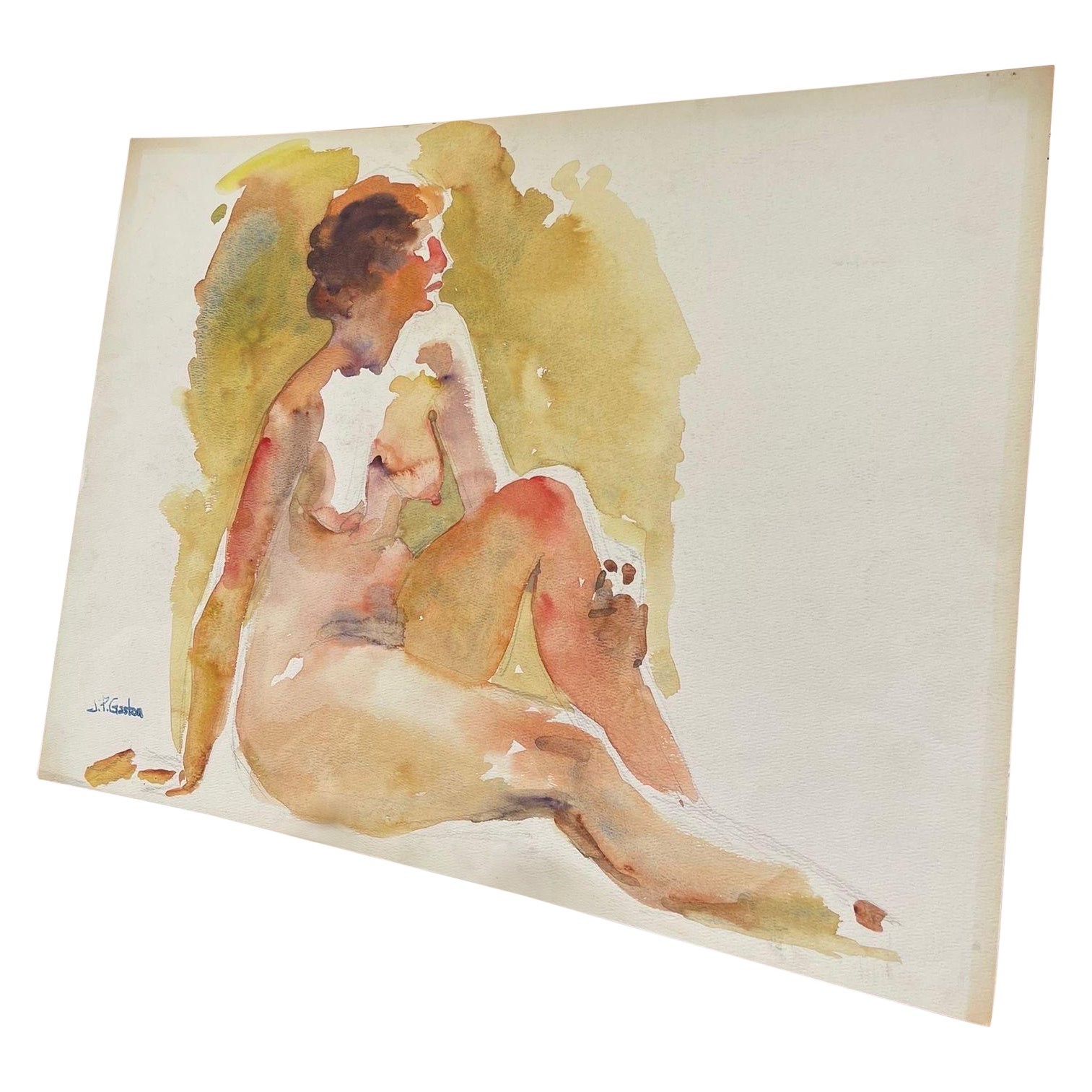 Vintage Abstract Nude Portrait Woman Possibly WaterColor on Paper With Pencil For Sale