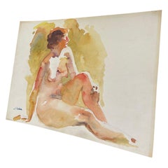 Vintage Abstracto Desnudo Retrato Mujer Posiblemente Acuarela Sobre Papel Con Lápiz