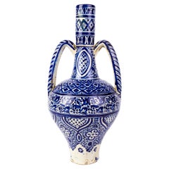 Antique Moroccan Glazed Blue & White Pottery Vase 19th Century 