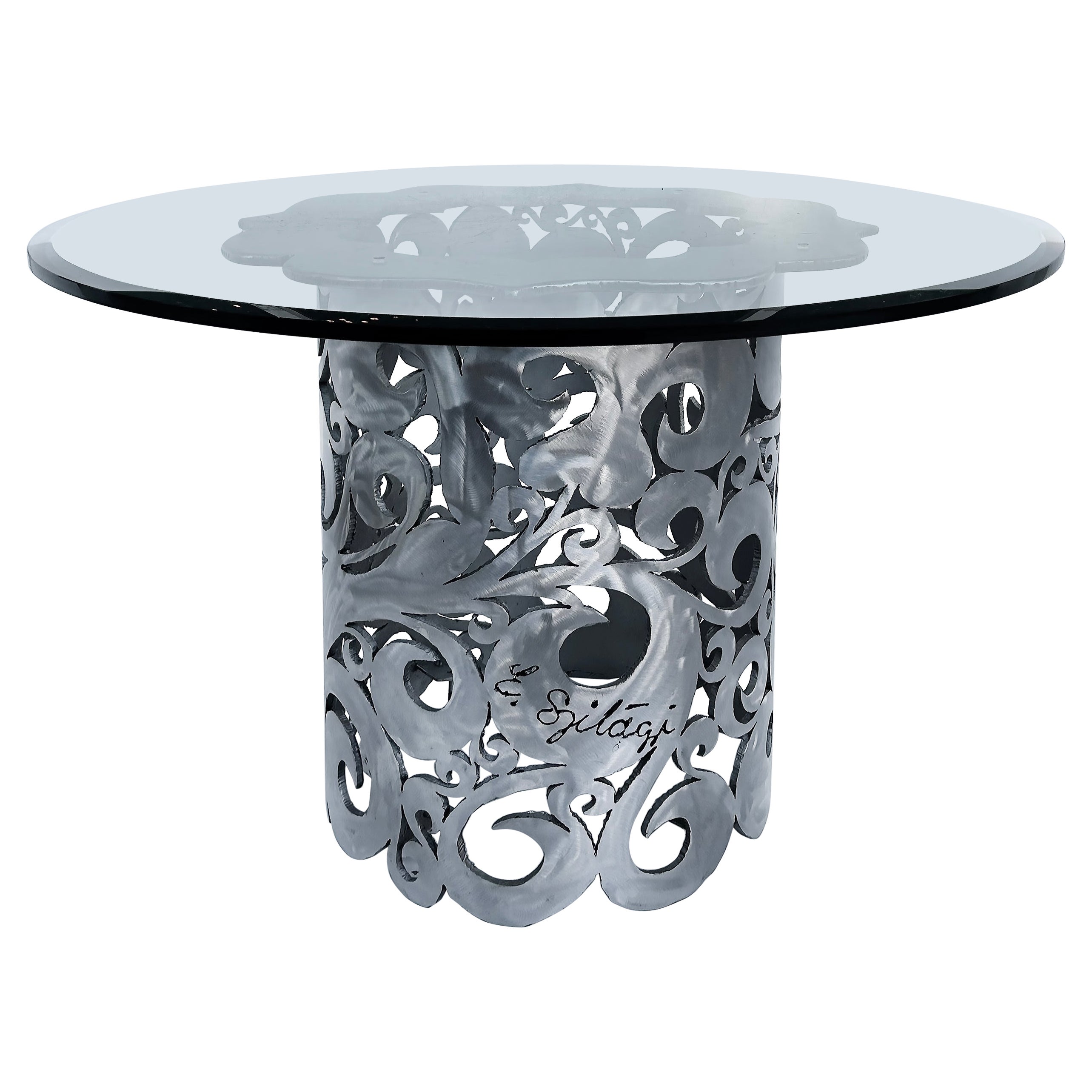 Vintage Torch Cut Brutalist Steel Table, Scrolling Floral Design, Artist signed 