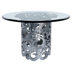 Vintage Torch Cut Brutalist Steel Table, Scrolling Floral Design, Artist signed 