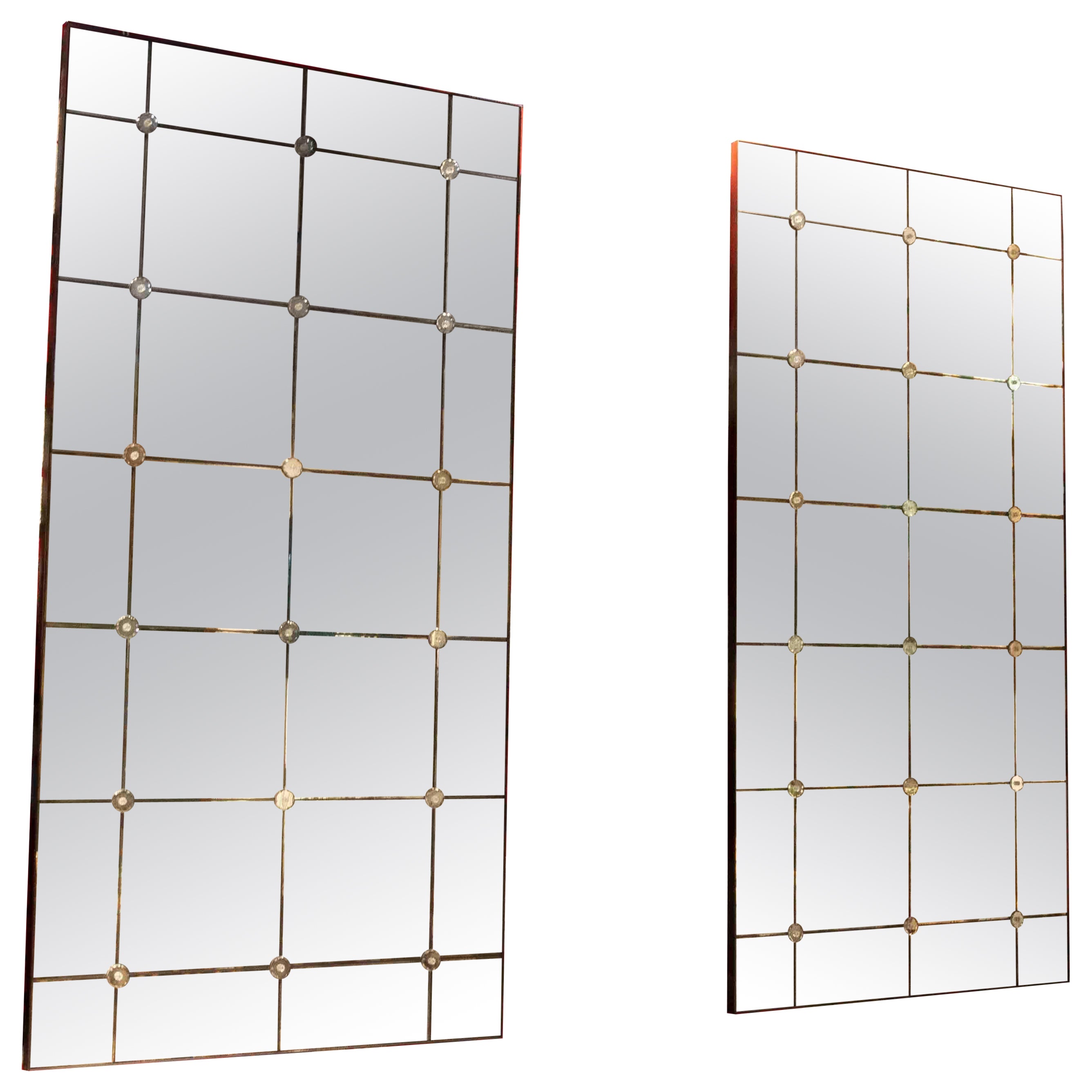 French Style Pair of Antiqued Rectangular Mirrors with Iron Frame