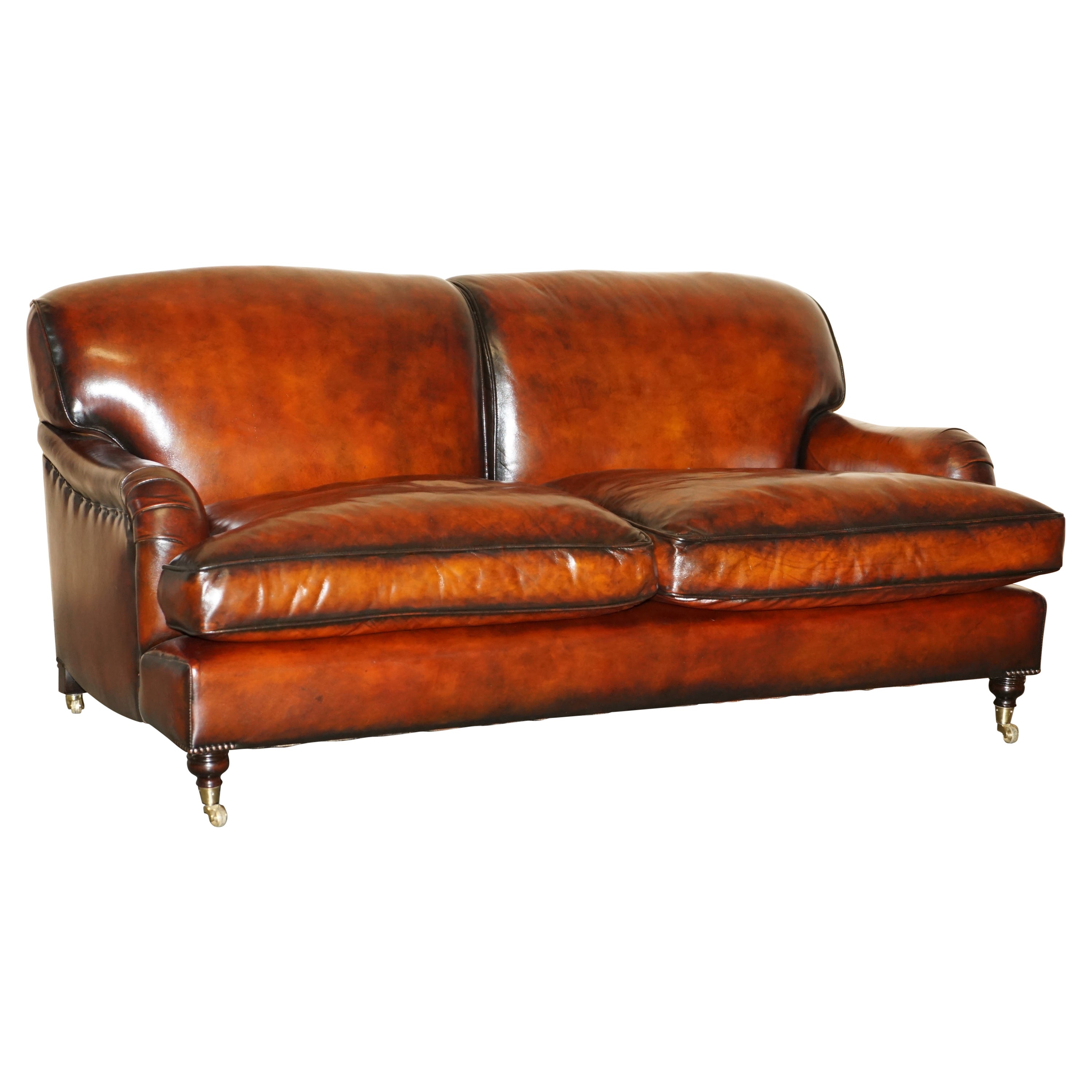RESTORED GEORGE SMITH HOWARD & SON'S STYLE BROWN LEATHER SiGNATURE SCROLL SOFA