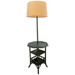 Bamboo and Wicker Floor Lamp with Three Shelves Painted in Green Tones