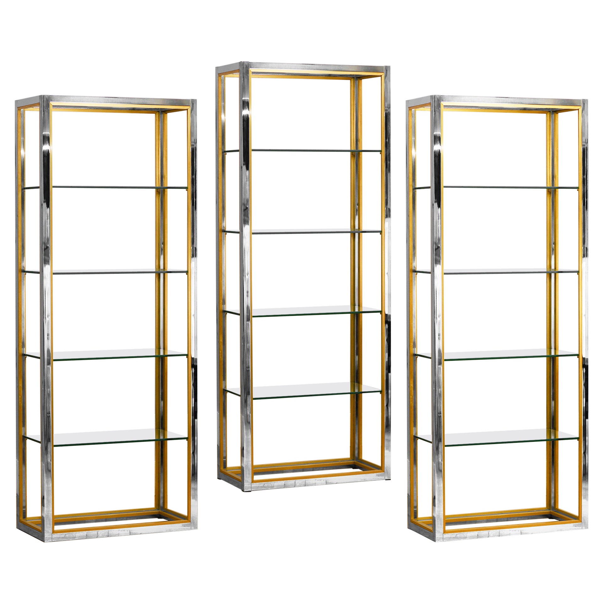 Brass and chromed metal bookcases with glass shelves, Italy 1980 For Sale