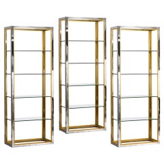 Vintage Brass and chromed metal bookcases with glass shelves, Italy 1980