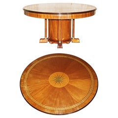 LARGE FLAMED HARDWOOD 6-8 PERSON ROUND DiNING TABLE WITH GREEK KEY DESIGN INLAY