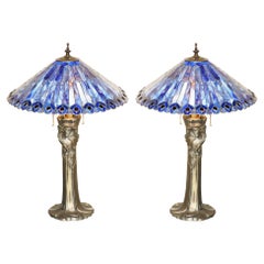 STUNNING LARGE PAIR OF ViNTAGE BRONZED ART NOUVEAU TABLE LAMPS SUBLIME SHADES