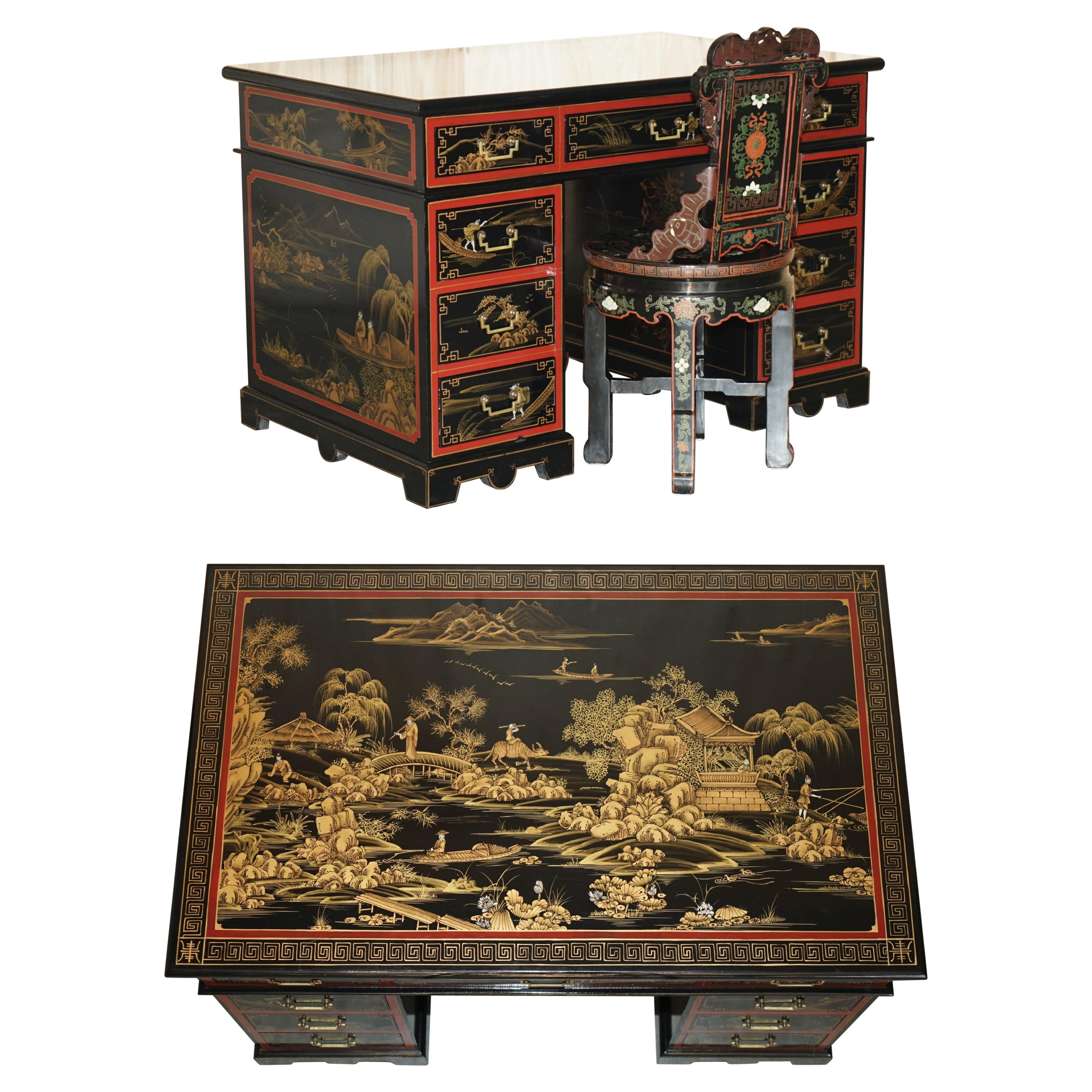 VINTAGE CHiNESE CHINOISERIE DECORATED PAINTED & LACQUERED PEDESTAL DESK & CHAIR For Sale